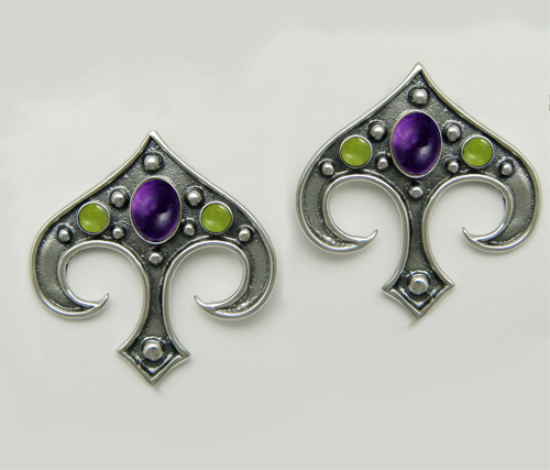 Sterling Silver Gothic Inspired Drop Dangle Earrings With Amethyst And Peridot